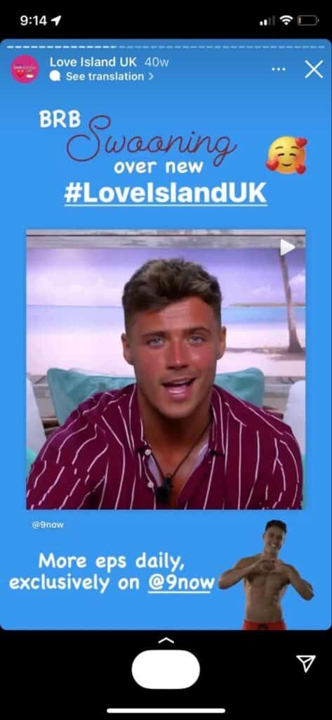 in-app screenshot advertising an episode of LoveIsland UK