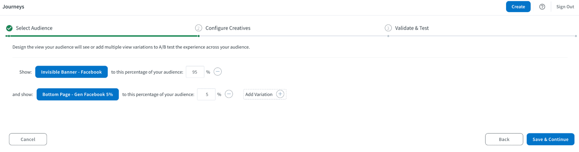 Screenshot of the Branch Dashboard UI for Journeys creation. Users can design the view their audience will see or add multiple view variations to A/B test the experience. 